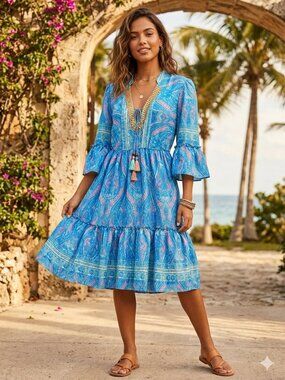 Boho Blue Paisley Dress Size M Tassel Tie Ruffle Sleeve Flowy